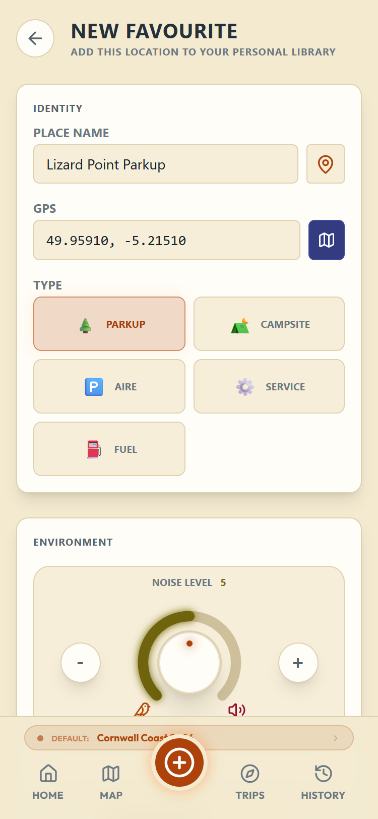 The saved location form: place name, GPS, the type tiles, and the start of the environment scores
