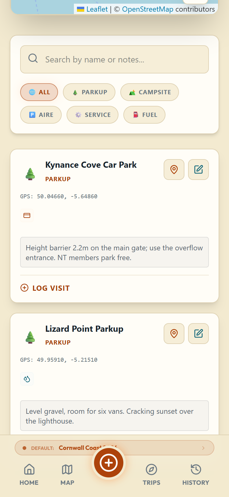 The Saved Locations list: search and type filters above the saved cards, each with its GPS, facilities and notes