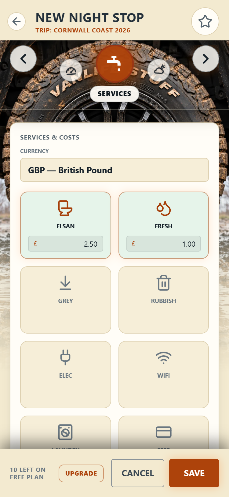 The Services section with facilities toggled and costs entered