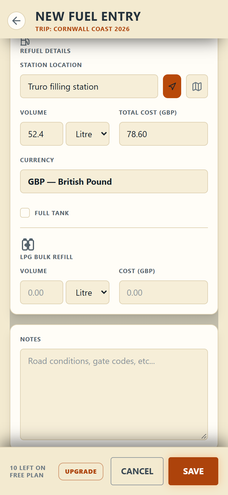 The refuel details with station, volume, total cost and the currency picker