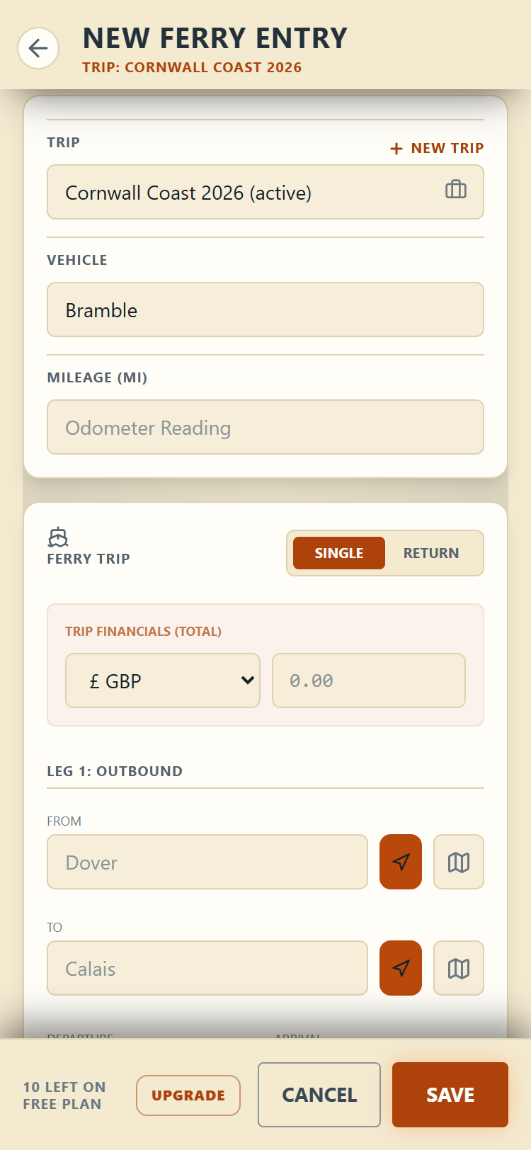 The ferry entry form with outbound leg and trip type