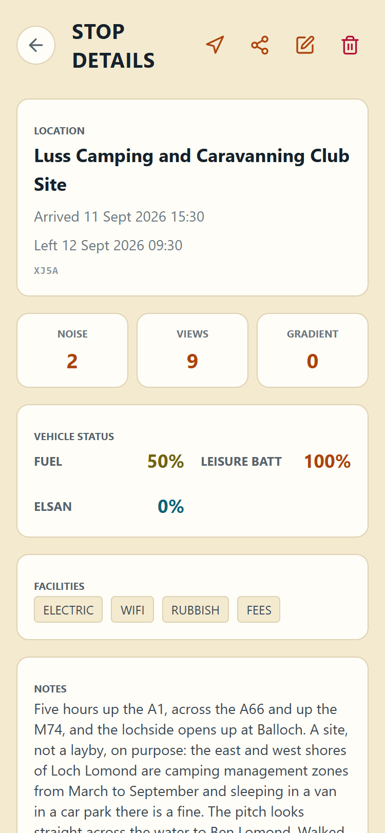 A saved stop's detail view with scores and facilities