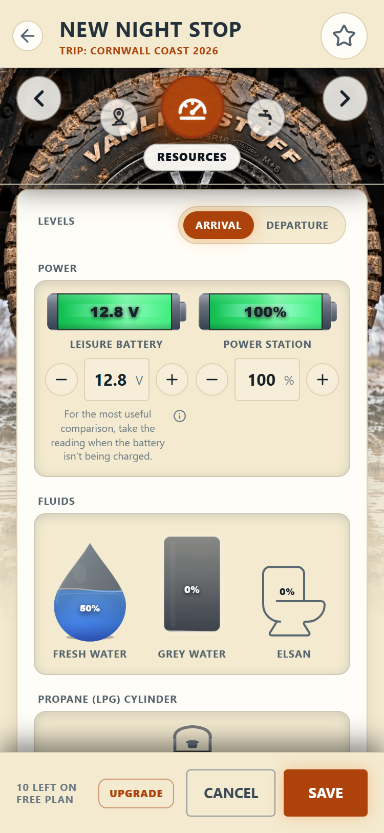 A leisure battery shown in volts with the minus and plus entry below it, beside a power station still shown as a percentage