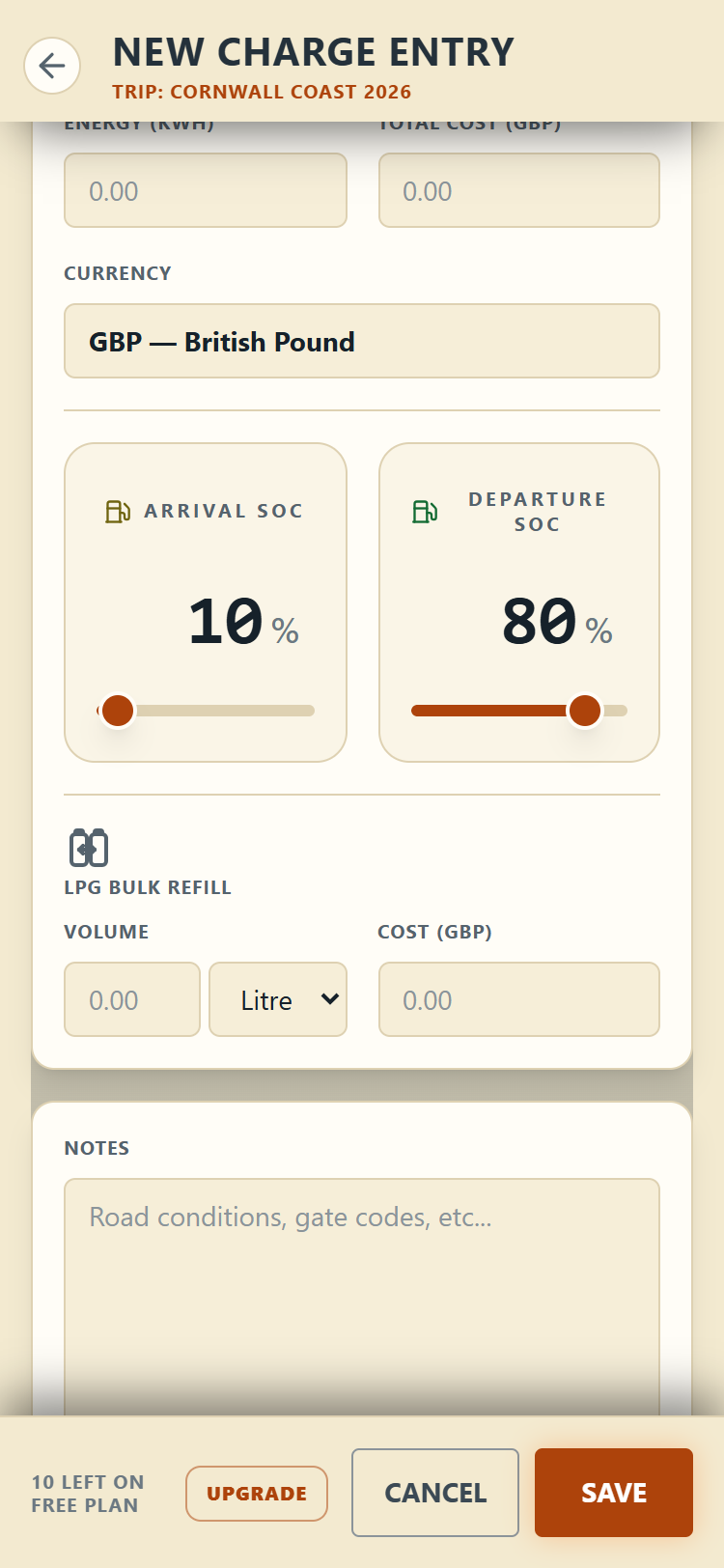 A charge entry with energy in kWh and the Arrival and Departure SOC cards, each showing a large editable percentage above its slider