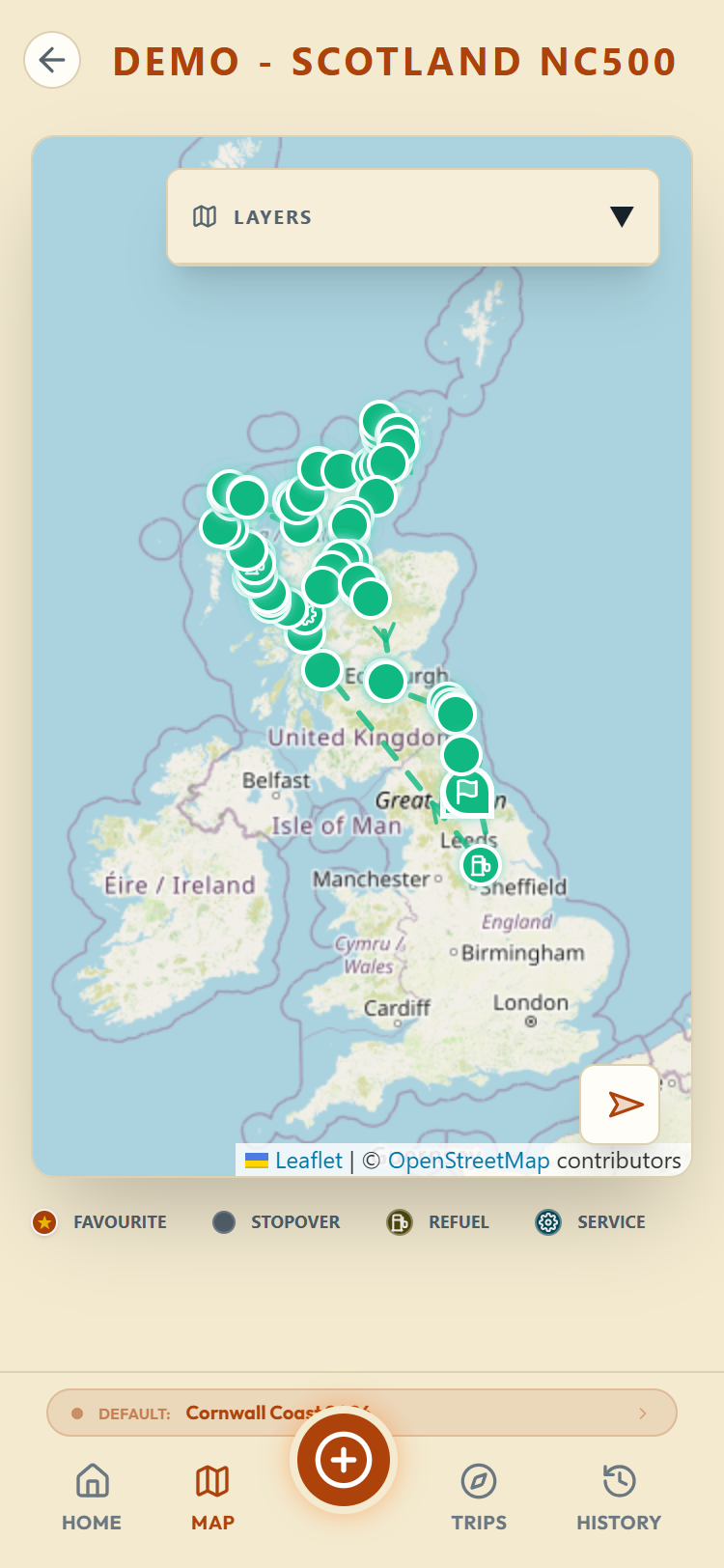The map with a trip route, stop markers and start and end flags