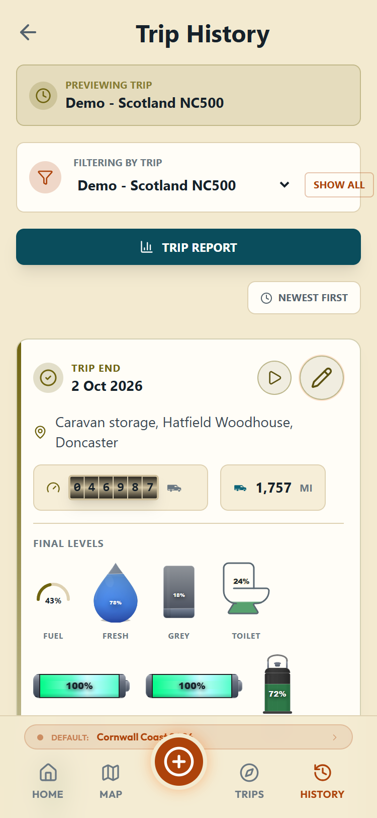 Trip History filtered to a trip, with the report button and entry cards