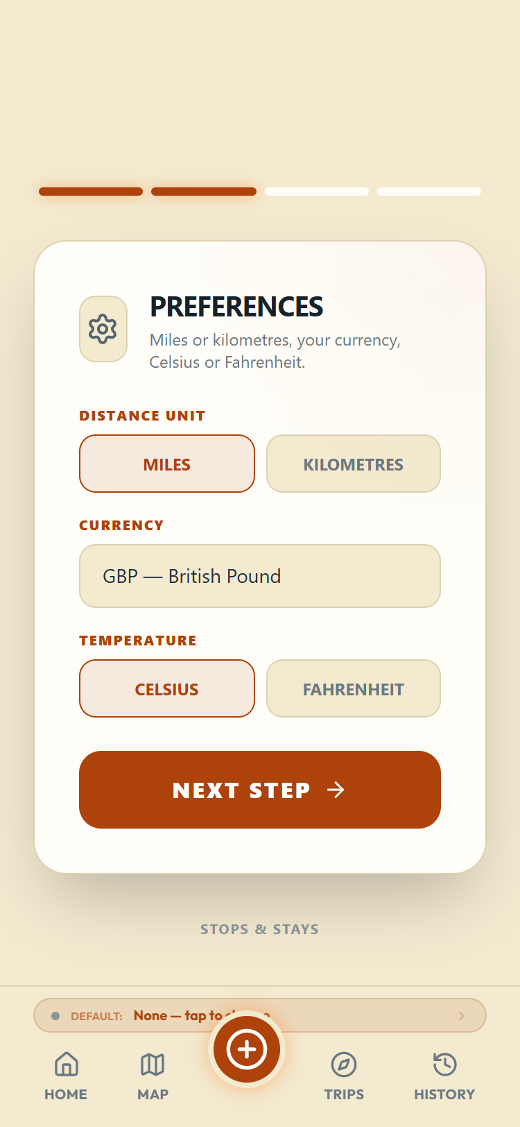 The preferences step with distance unit, currency and temperature choices