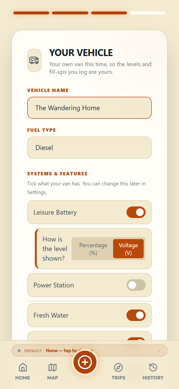 The vehicle step with name, fuel type and system toggles