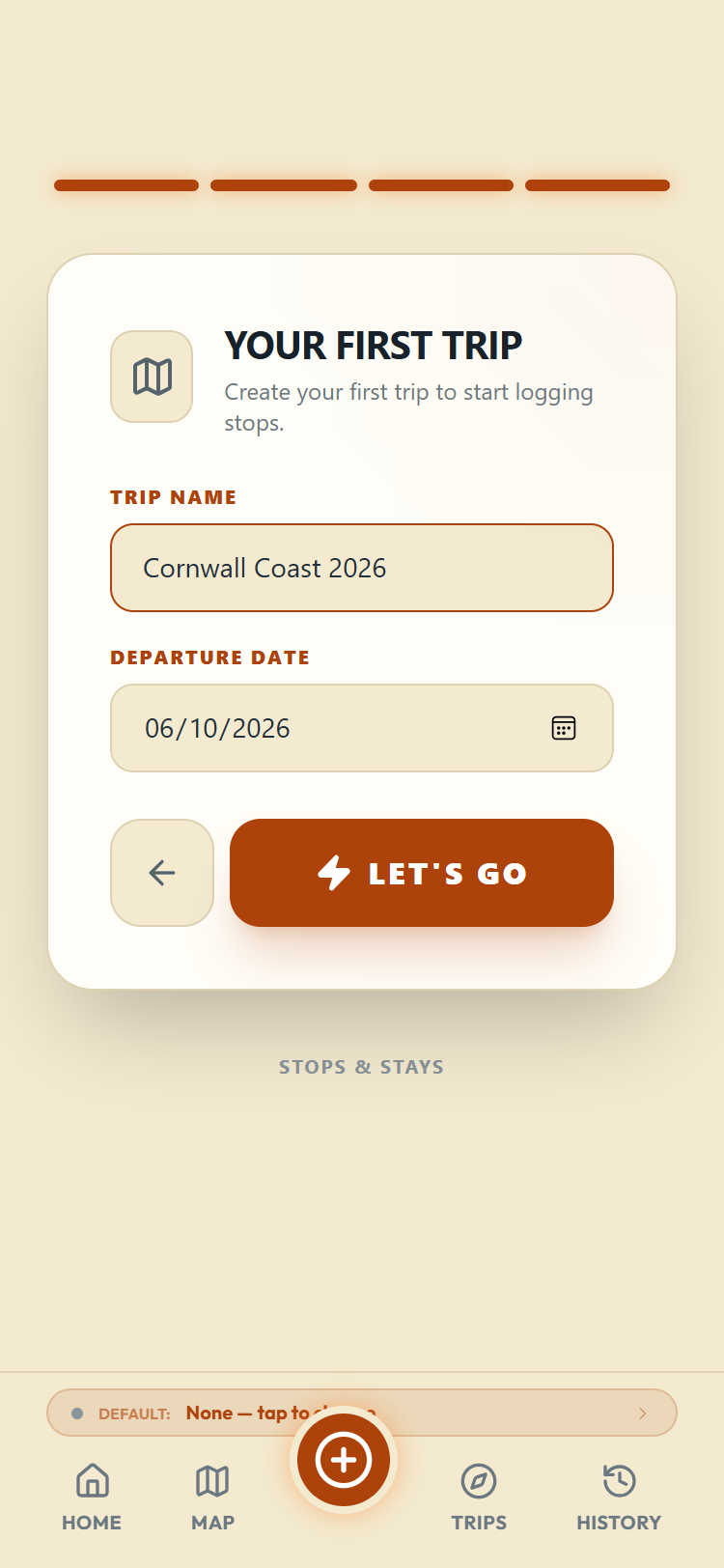 The first trip step with trip name and departure date