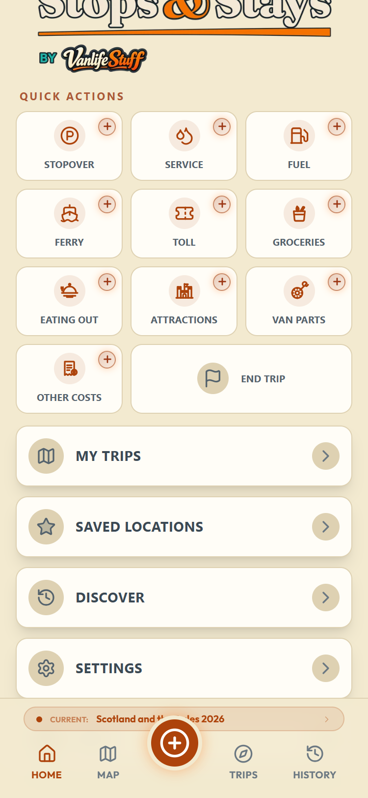 The Home screen Quick Actions grid: ten entry shortcuts in rows of three, with End Trip as a wide tile, and the menu below