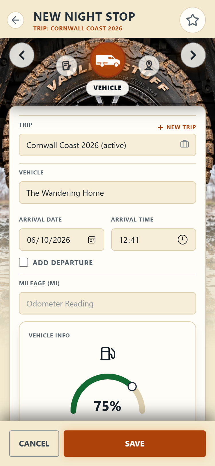 The Vehicle section of a new stop, with the tyre selector at the top