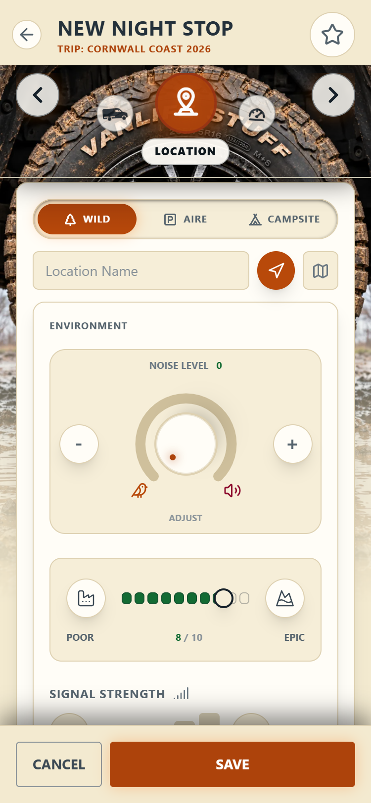 The Location section with stop type, location name and noise control