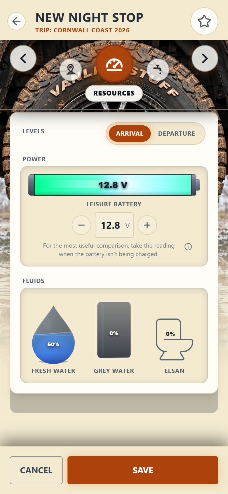 The Resources section with battery and water tank levels