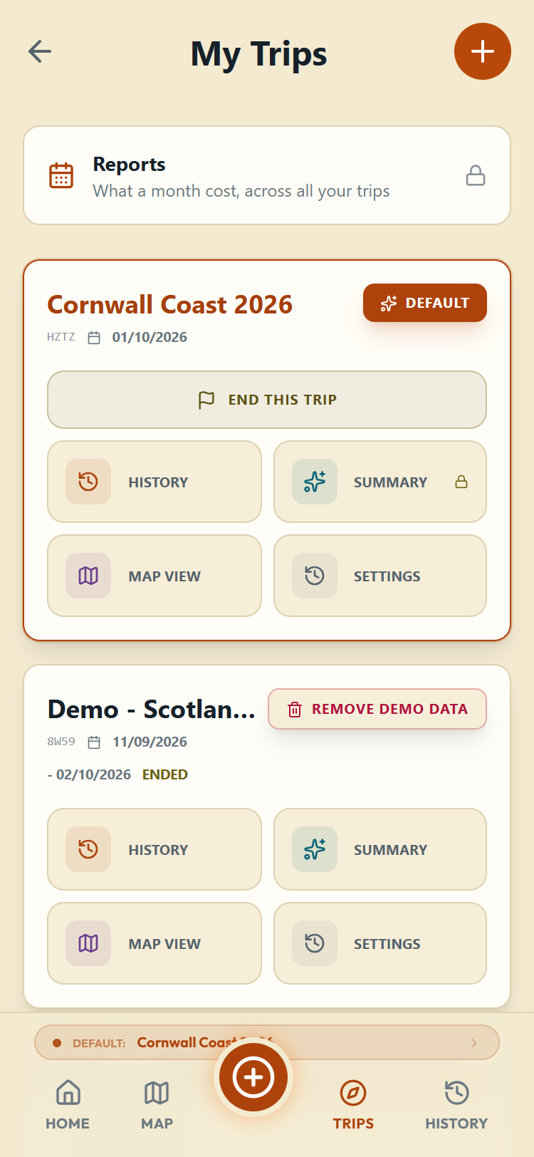 The My Trips screen with the Reports row at the top