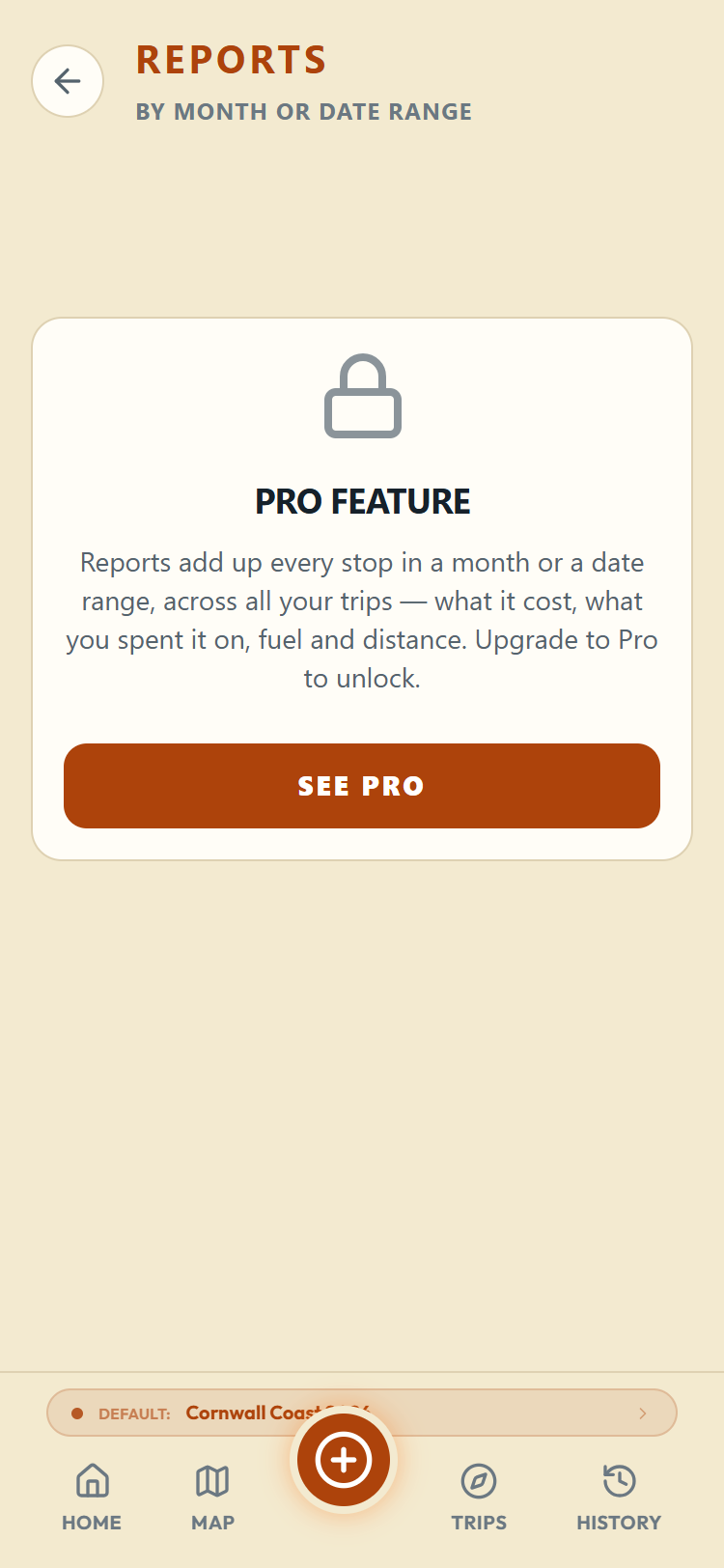 The Reports screen on a free account, showing the Pro lock panel
