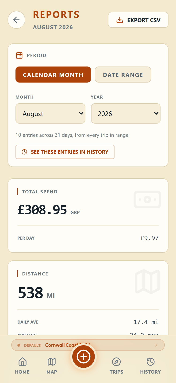 A report for August 2026 showing total spend and distance