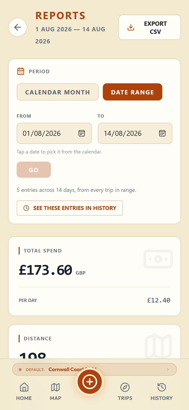 A report for a chosen date range of 1 to 14 August 2026