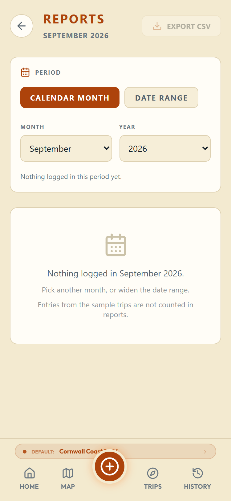 The Reports screen for a month with nothing logged in it