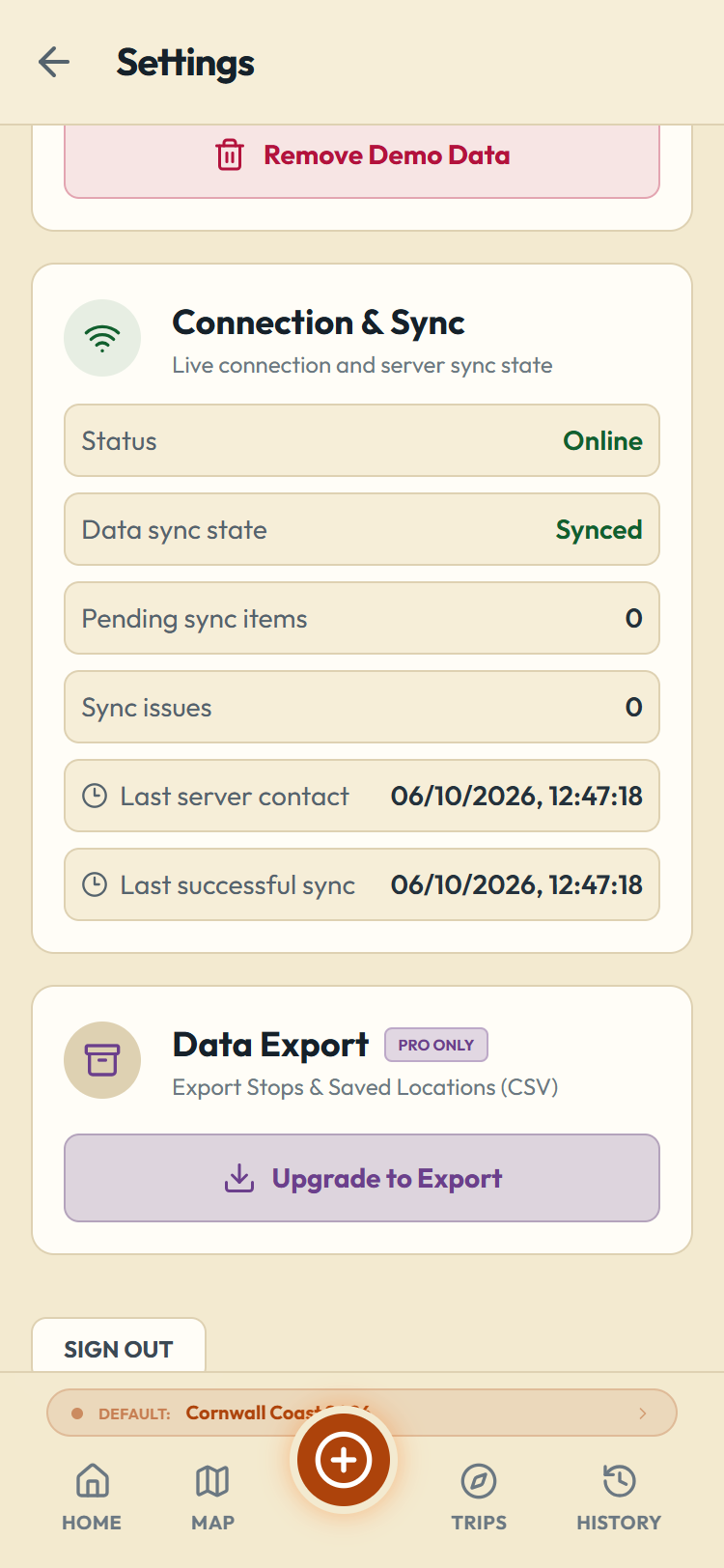 The connection and sync card in Settings