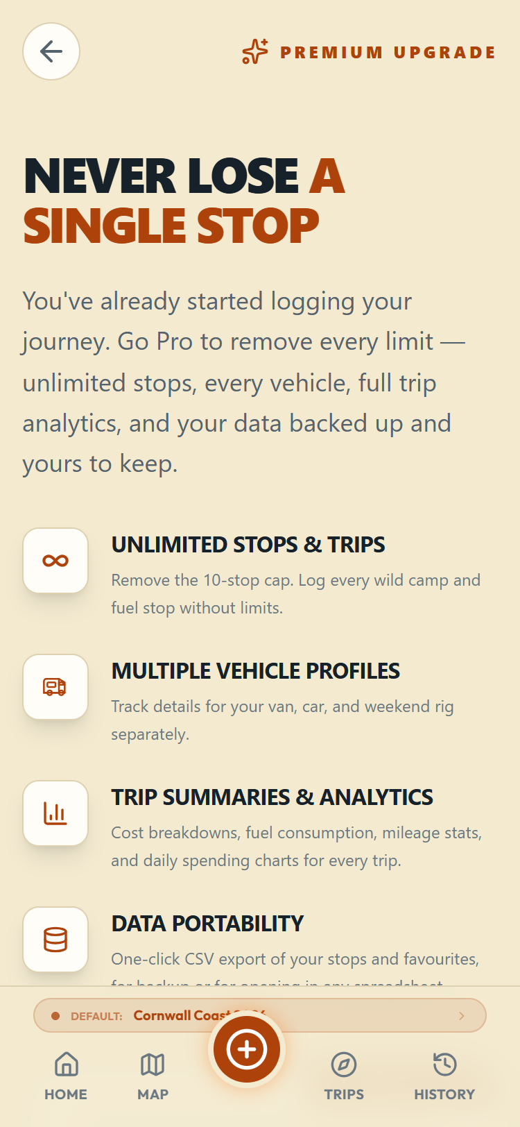 The upgrade page listing what Pro includes
