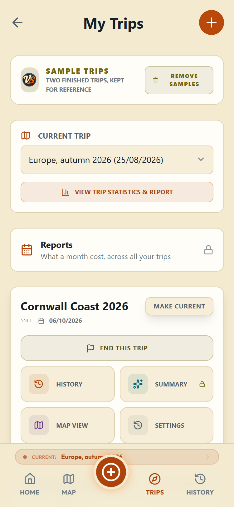 The My Trips list with the current trip picker above it, showing which trip is current and the buttons on each card