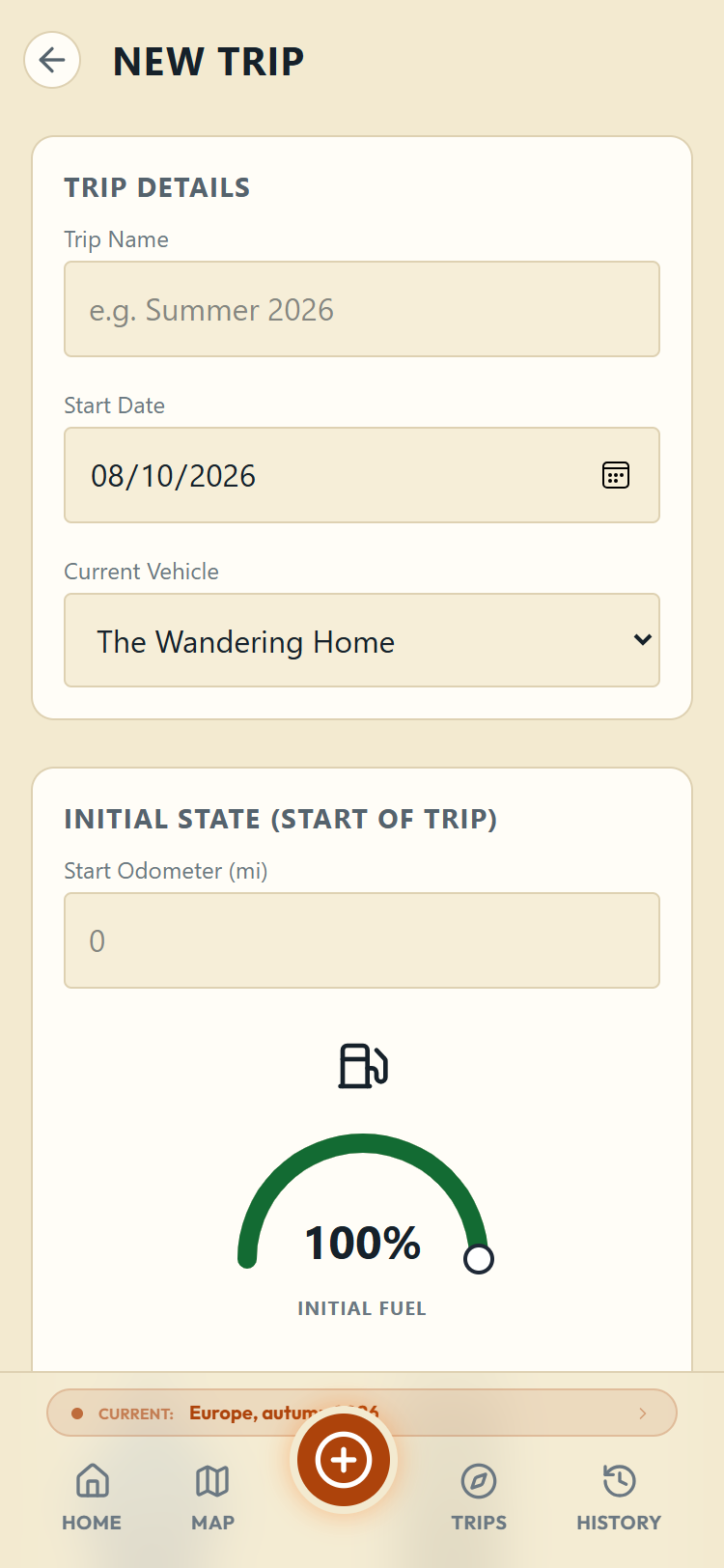 The new trip form with name, date, vehicle and initial levels