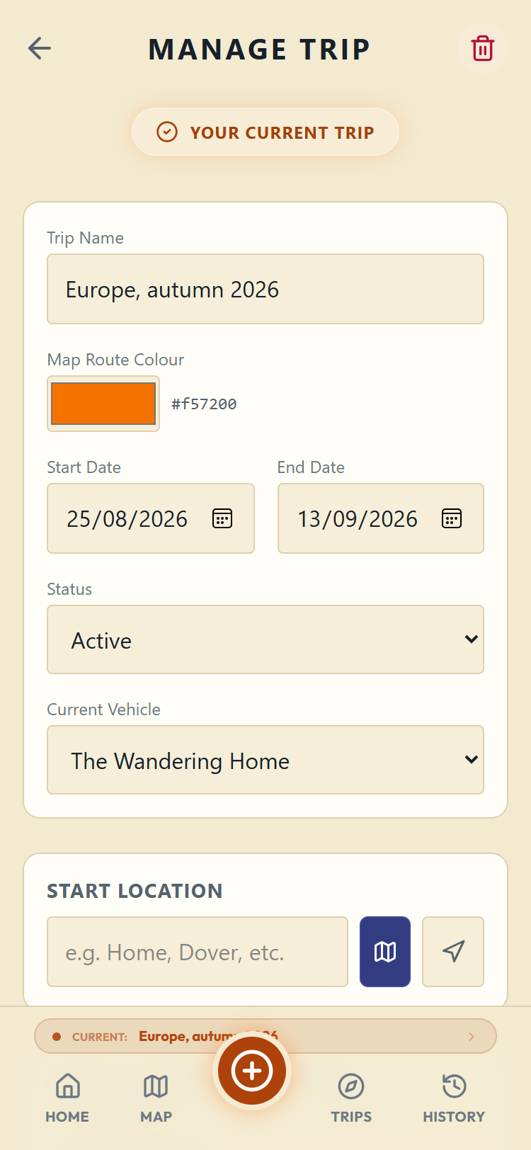 The Manage Trip screen with details, route colour and start location