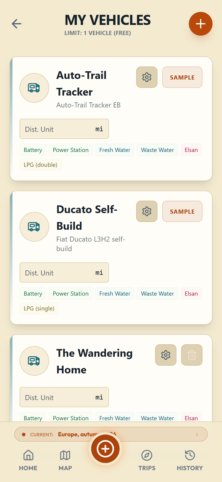 The My Vehicles list showing your own vehicle beneath the two samples, each with its system badges